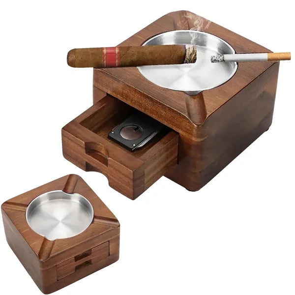 Wooden Square Cigar Ashtray with Hidden Drawer