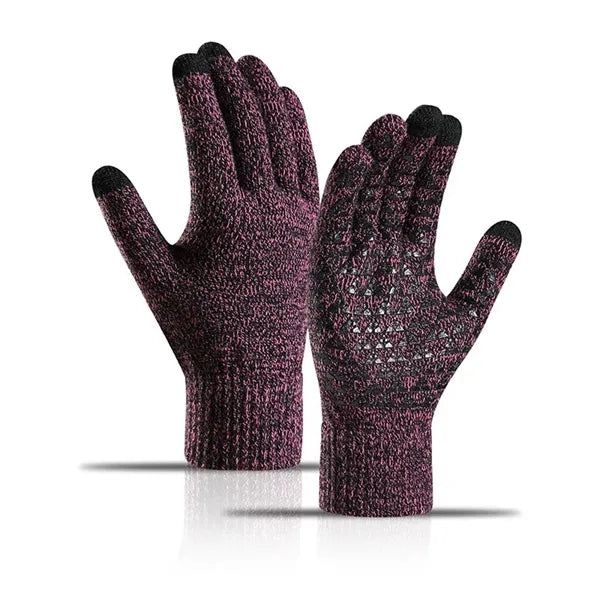 Touchscreen gloves with anti-slip grip, knitted for warmth.