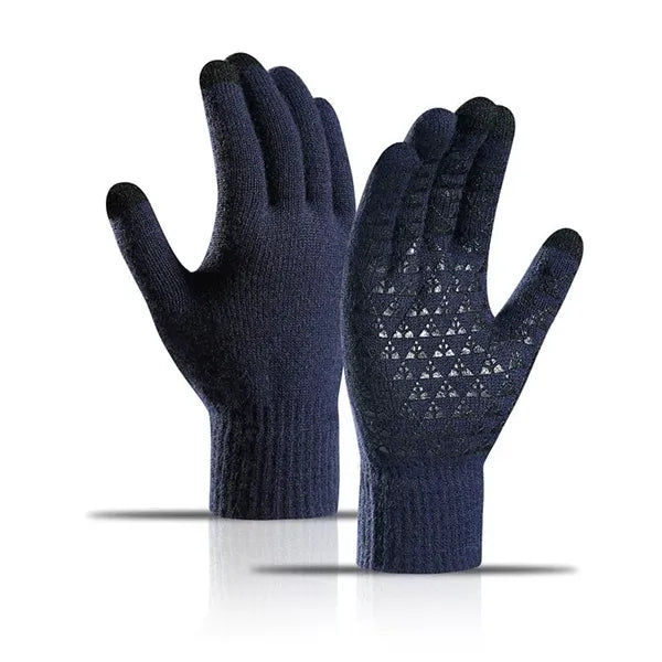 Touchscreen gloves with anti-slip grip, knitted for warmth.