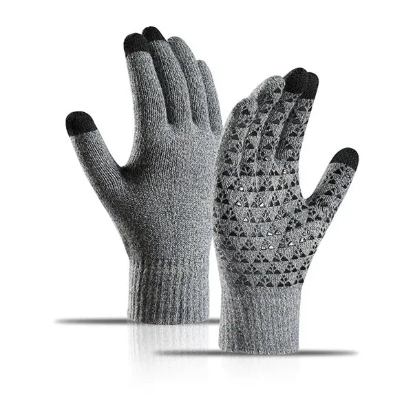 Touchscreen gloves with anti-slip grip, knitted for warmth.