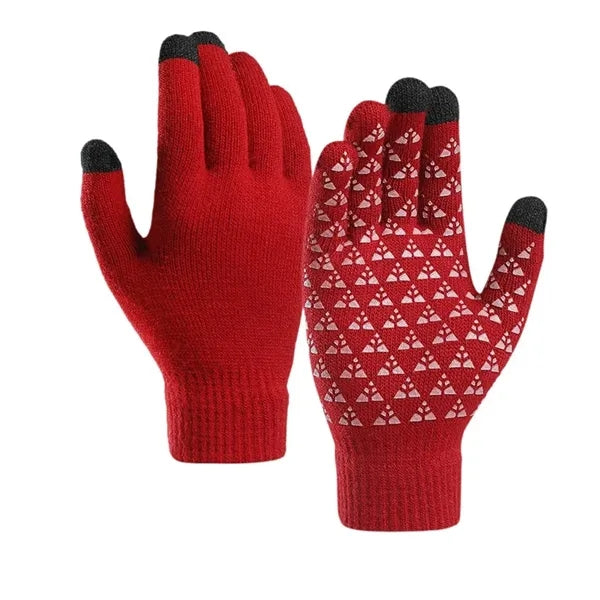 Touchscreen gloves with anti-slip grip, knitted for warmth.
