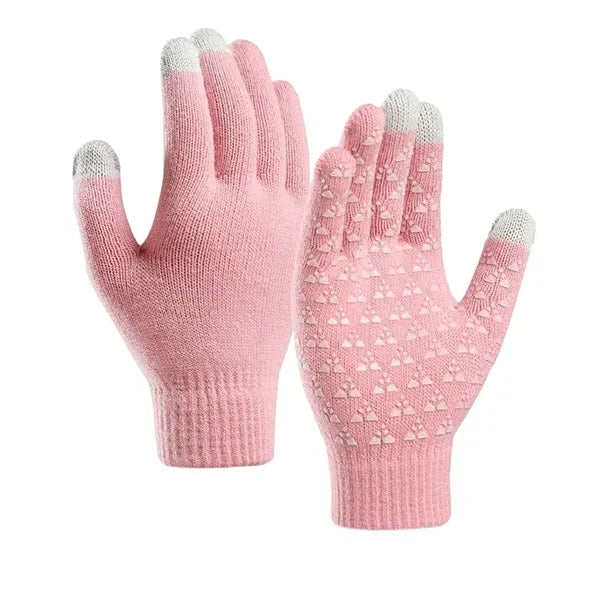 Touchscreen gloves with anti-slip grip, knitted for warmth.