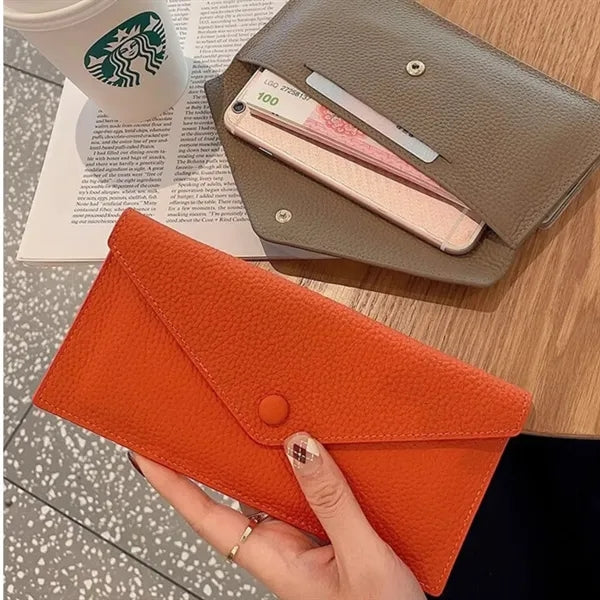 Slim Leather Long Wallet Snap Closure Card Case Coin Purse
