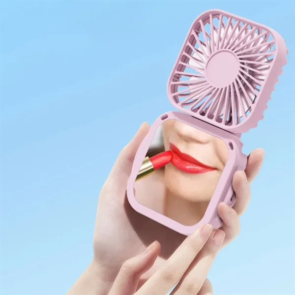Foldable Square Mini Fan w/ Mirror & USB Rechargeable Design