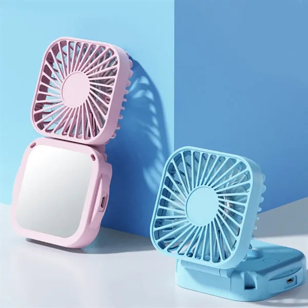 Foldable Square Mini Fan w/ Mirror & USB Rechargeable Design