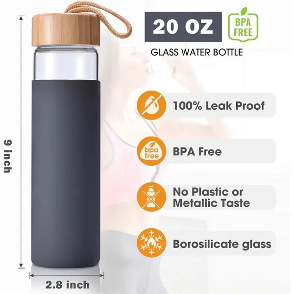 20 Oz Borosilicate Glass Water Bottles with Silicone Sleeve