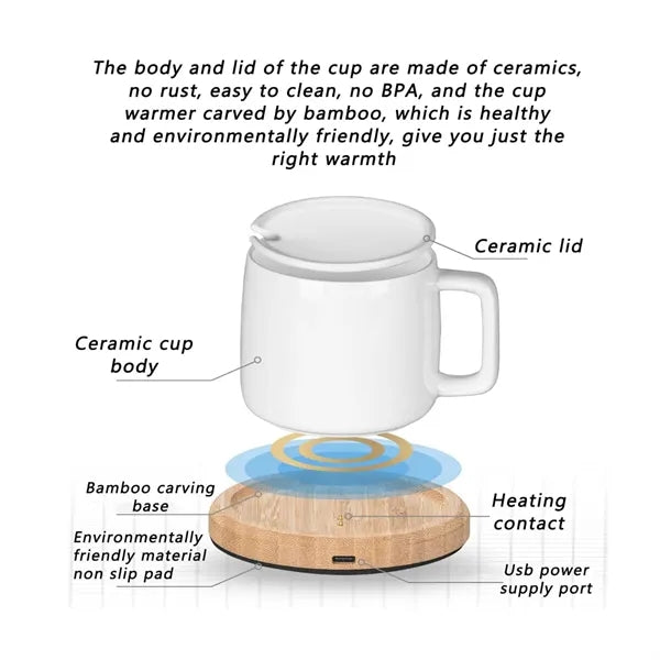 Bamboo Coffee Mug Warmer with 8 oz Ceramic Cup