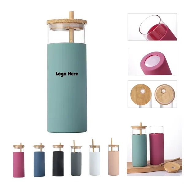 17oz Bamboo Lid Straw Silicone Cover Glass Water Cup