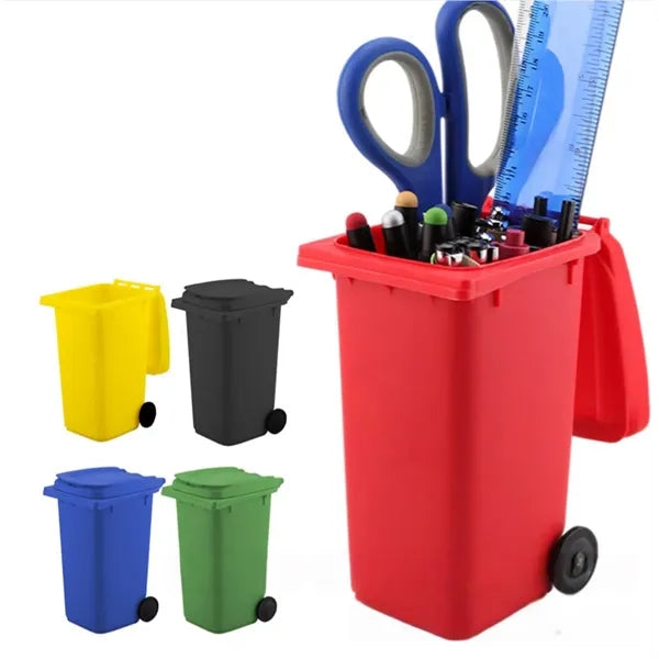 Mini Trash Can Pen Holder with Lid and Wheels