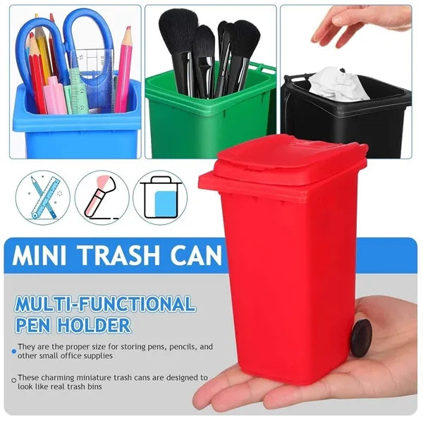 Mini Trash Can Pen Holder with Lid and Wheels