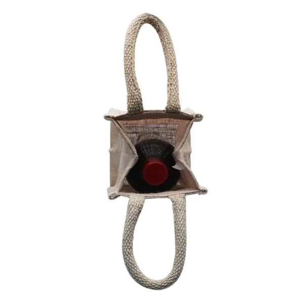 Jute Single Bottle Wine Tote Bag with Carry Handles
