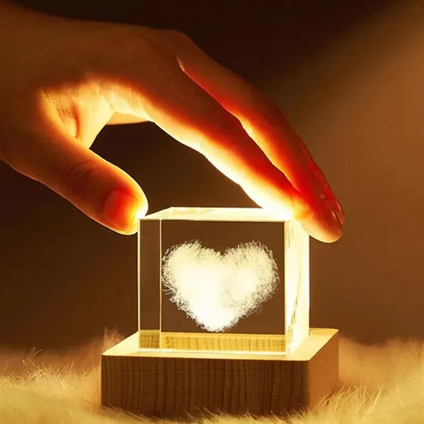 3D Crystal Cube Light with Wooden Base