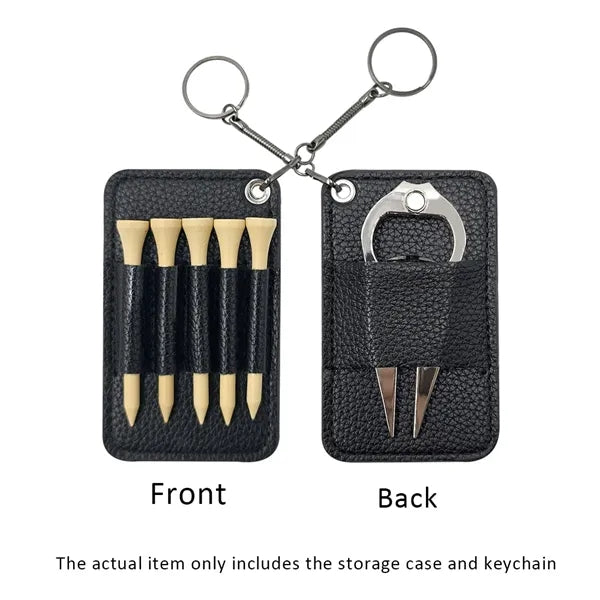 Golf Tee and Divot Tool Keychain Set Faux Leather Holder