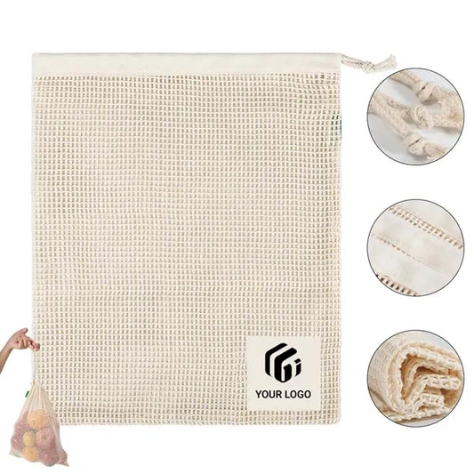 Eco-friendly supermarket drawstring mesh cotton shopping bag