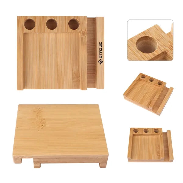 Bamboo Desk Organizer Phone Holder W/ Sticky Notes&Pen Holes