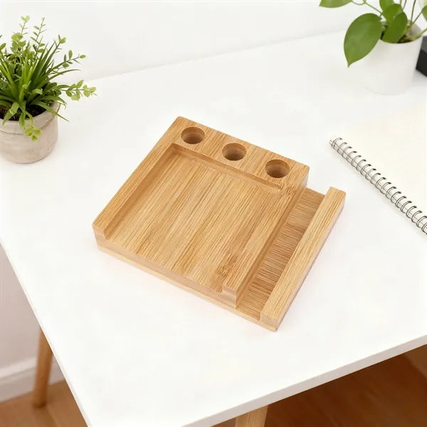Bamboo Desk Organizer Phone Holder W/ Sticky Notes&Pen Holes