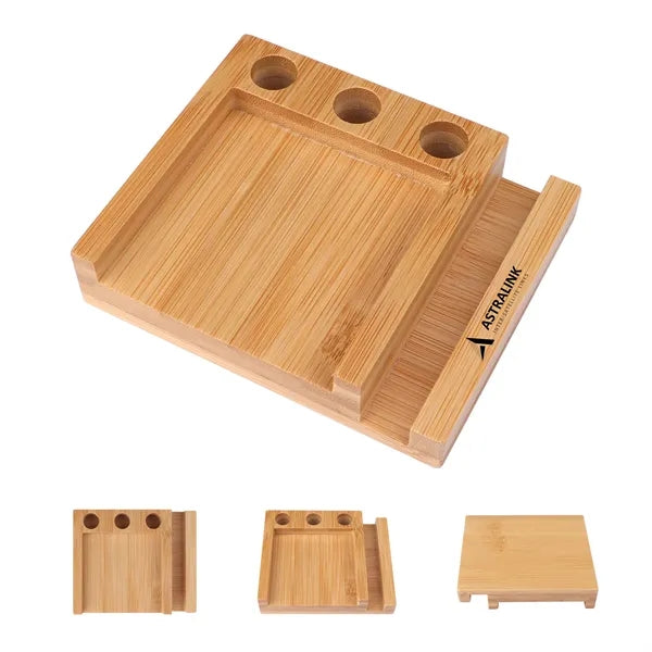 Bamboo Desk Organizer Phone Holder W/ Sticky Notes&Pen Holes