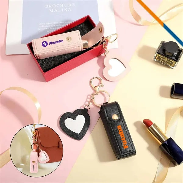 Zipin Mini PU Leather Mirror Lipstick Keychain Pouch