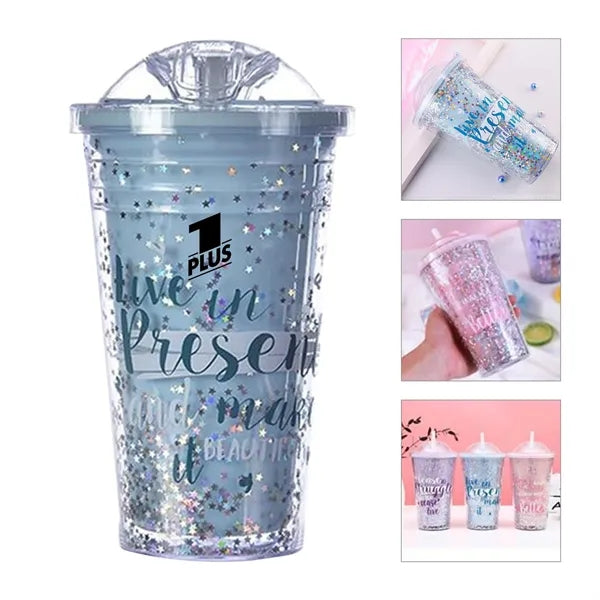 450ml Glitter Plastic Straw Cup