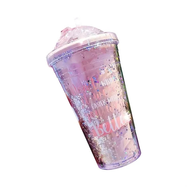 450ml Glitter Plastic Straw Cup