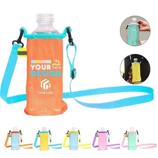 Outdoor beach mesh water bottle holder carrier with strap