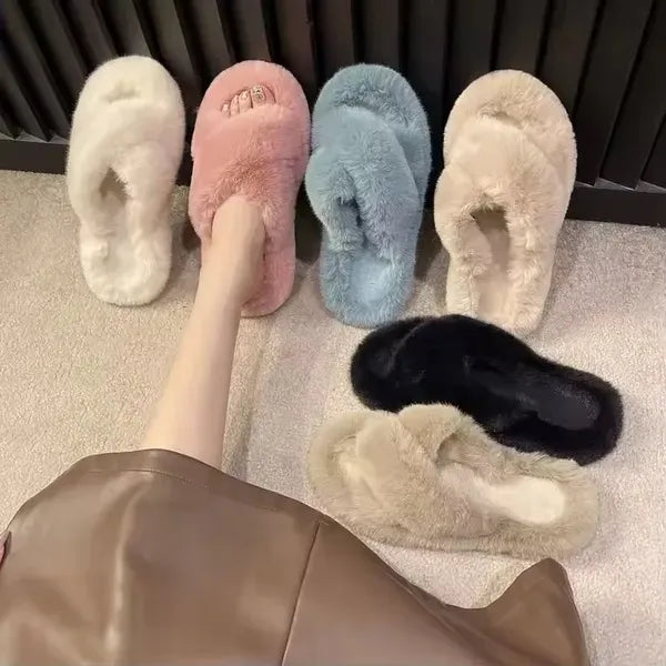 Fluffy Cross Band Slippers