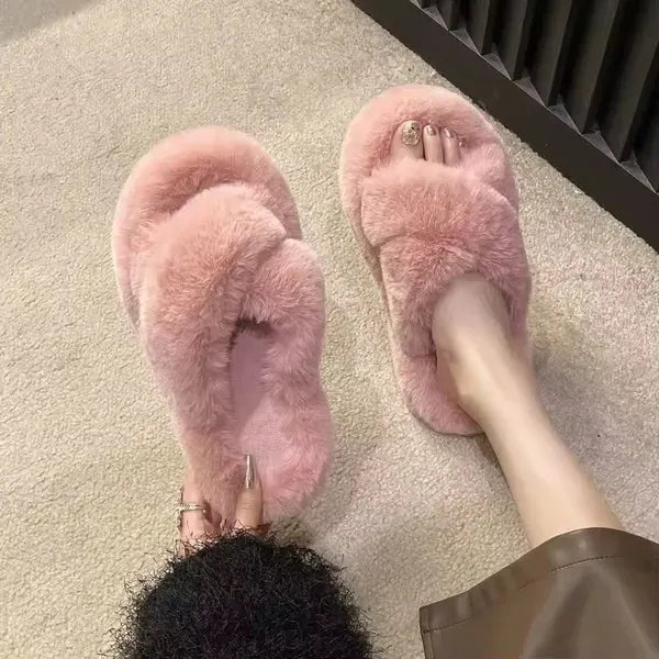 Fluffy Cross Band Slippers