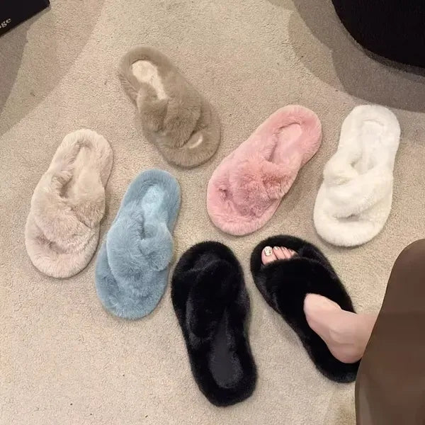 Fluffy Cross Band Slippers