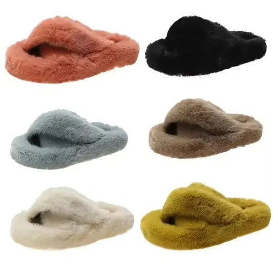 Fluffy Cross Band Slippers