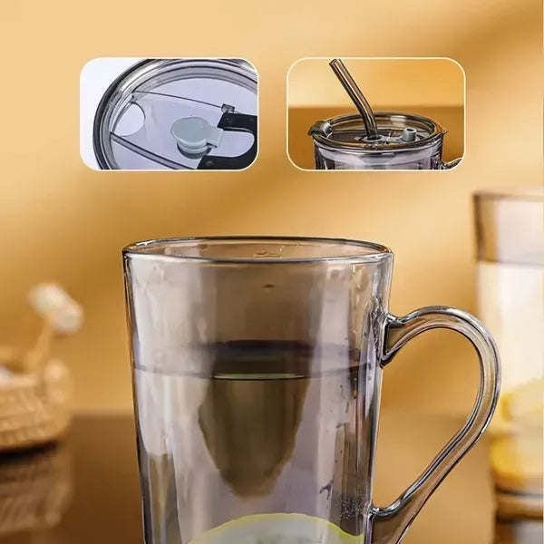 15oz Glass Tumbler With Straw And Handle