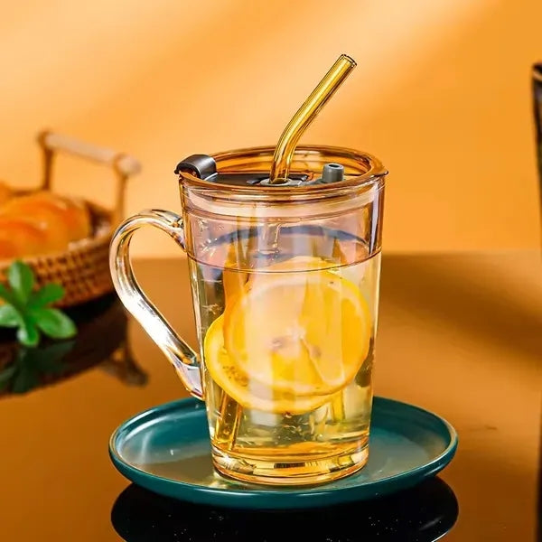 15oz Glass Tumbler With Straw And Handle