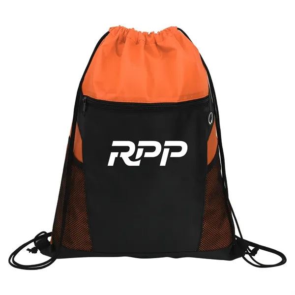Zippered Drawstring Backpack With Mesh Pockets