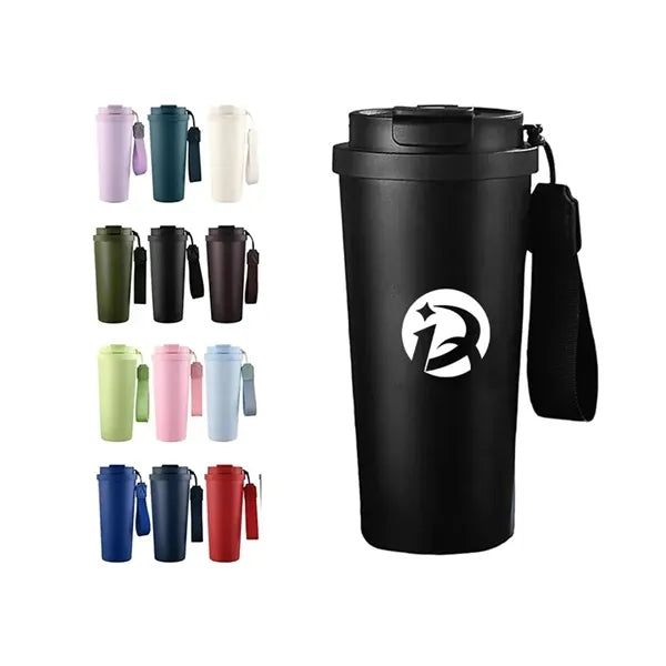 Insulated Coffee Travel Cup With Straw And Strap