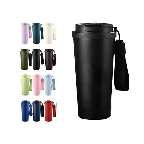 Insulated Coffee Travel Cup With Straw And Strap
