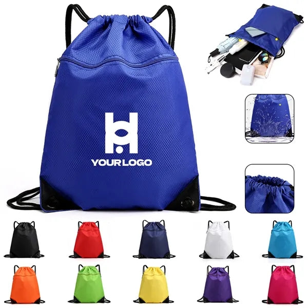 Drawstring backpack bag with zip pocket waterproof for sport