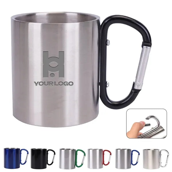 Stainless steel mug with carabiner handle for camping hiking