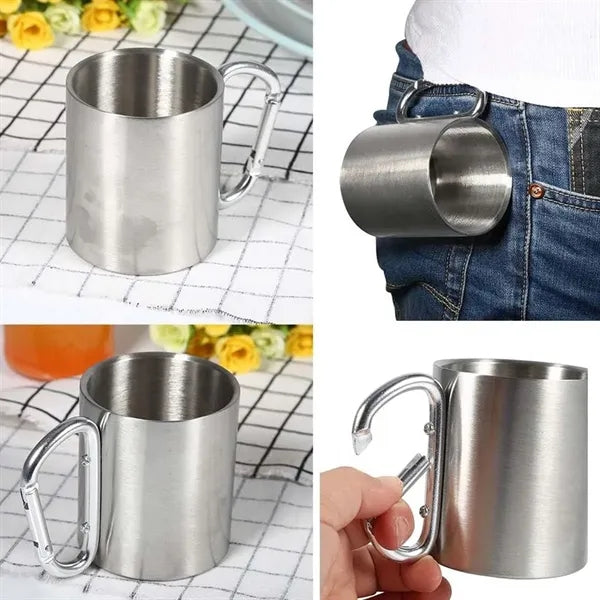 Stainless steel mug with carabiner handle for camping hiking