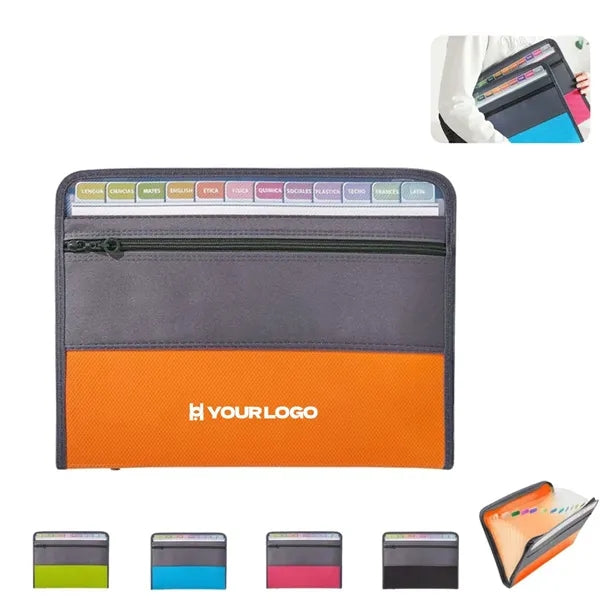 Expanding accordion file organizer with zipper & label tabs