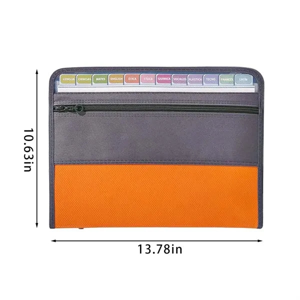 Expanding accordion file organizer with zipper & label tabs
