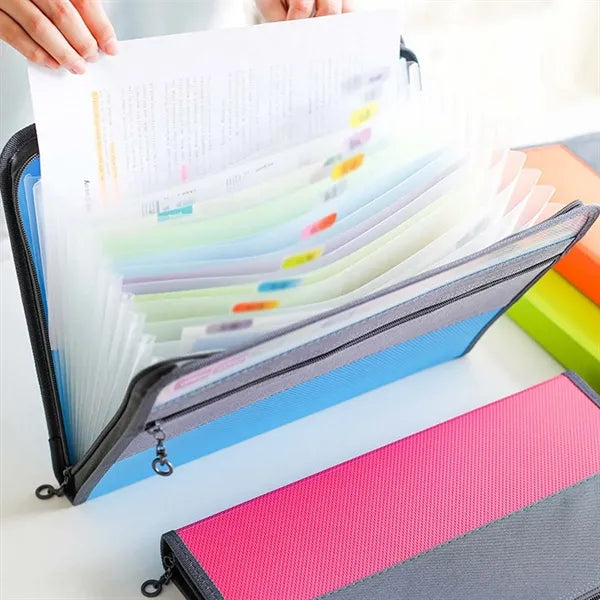 Expanding accordion file organizer with zipper & label tabs