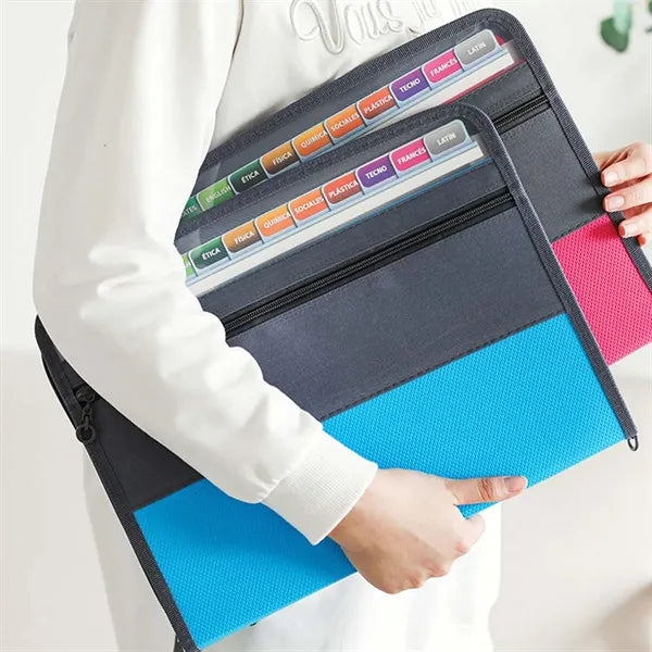 Expanding accordion file organizer with zipper & label tabs