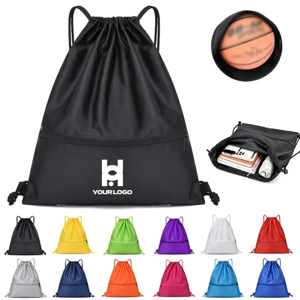 Large drawstring backpack bag with zip pocket for gym sports