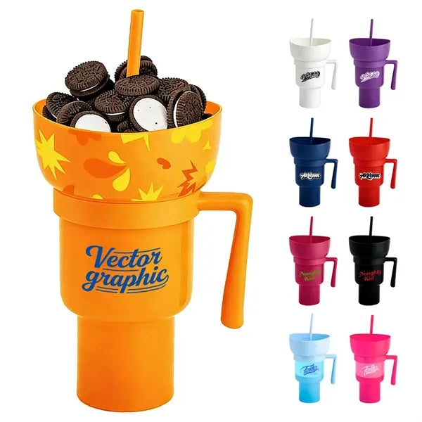 33oz Portable Snack Bowl with Straw Drink Cup