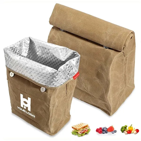 Waxed canvas lunch cooler bag insulated foldable for work
