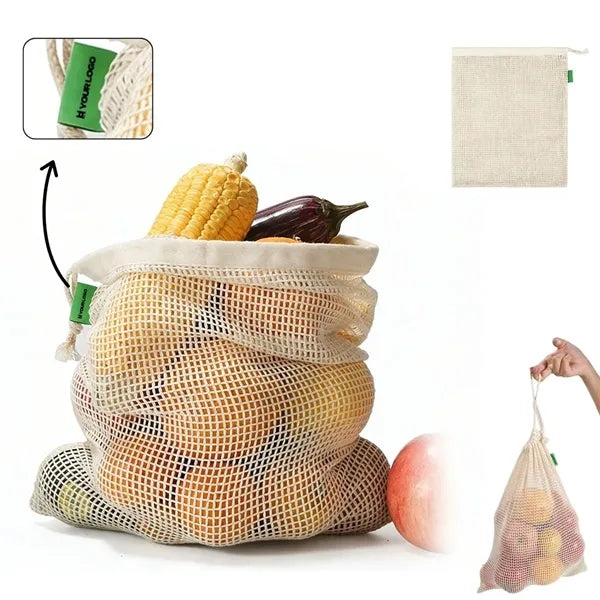 Eco-friendly cotton mesh grocery bag with drawstring closure