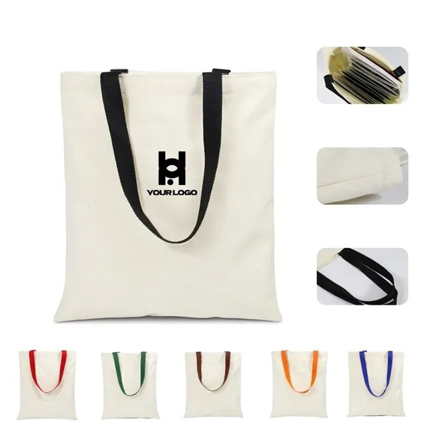Eco-friendly canvas tote bag with colorful handles
