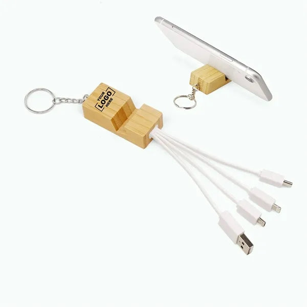 Bamboo 4-in-1 Charging Cable Key Ring Stand