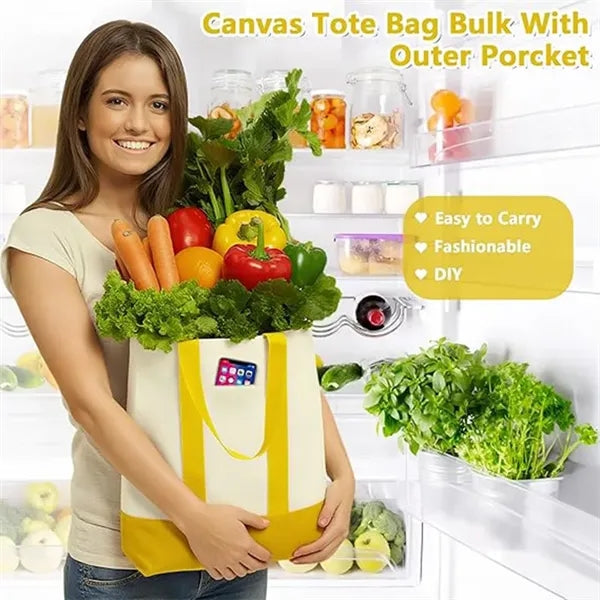Canvas Tote Bag with Pockets 13" x 11" x 6"