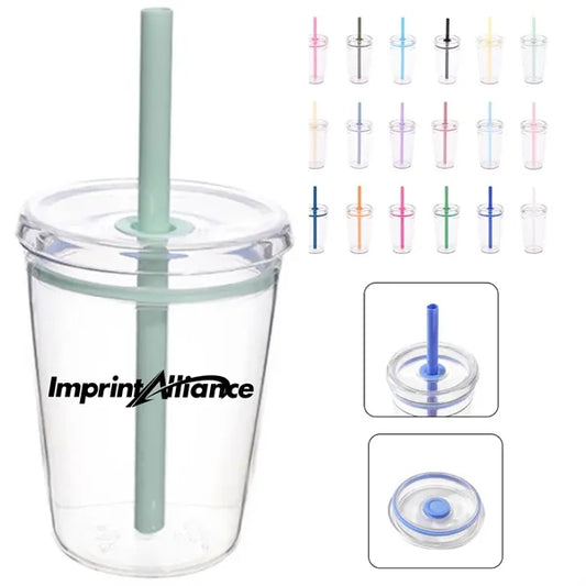 12 oz. Clear Plastic Cup with Colored Straw and Custom Logo