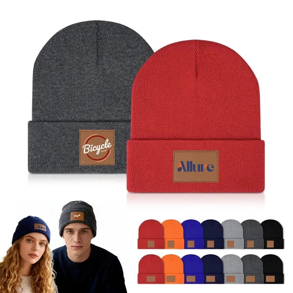 Cuffed Knit Beanie With PU Leather Patch
